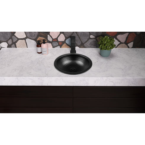 Hand Hammered 16 inch Rotunda Dual Mount Circle Bathroom Vanity Sink - Matte Black